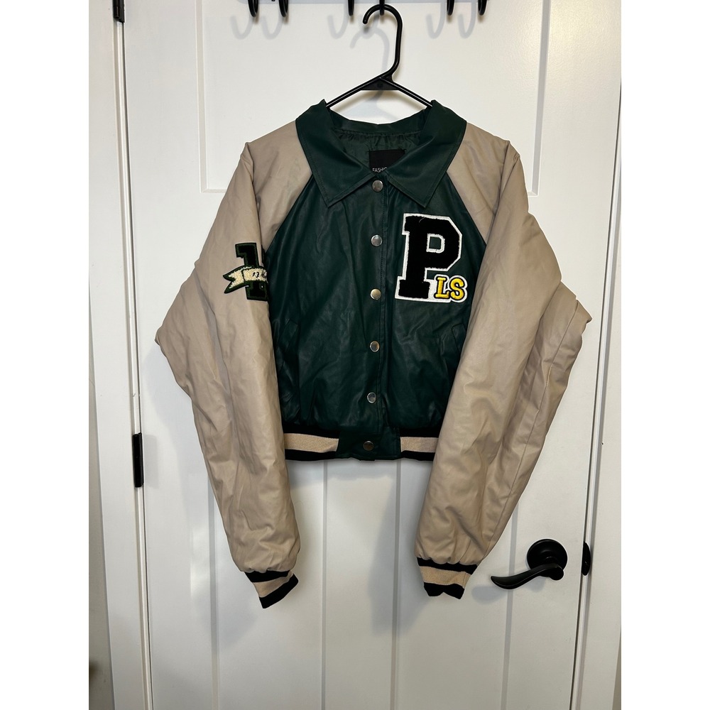 Fashion Nova Womens Green Tan Faux Leather Cropped Varsity Bomber Jacket L
